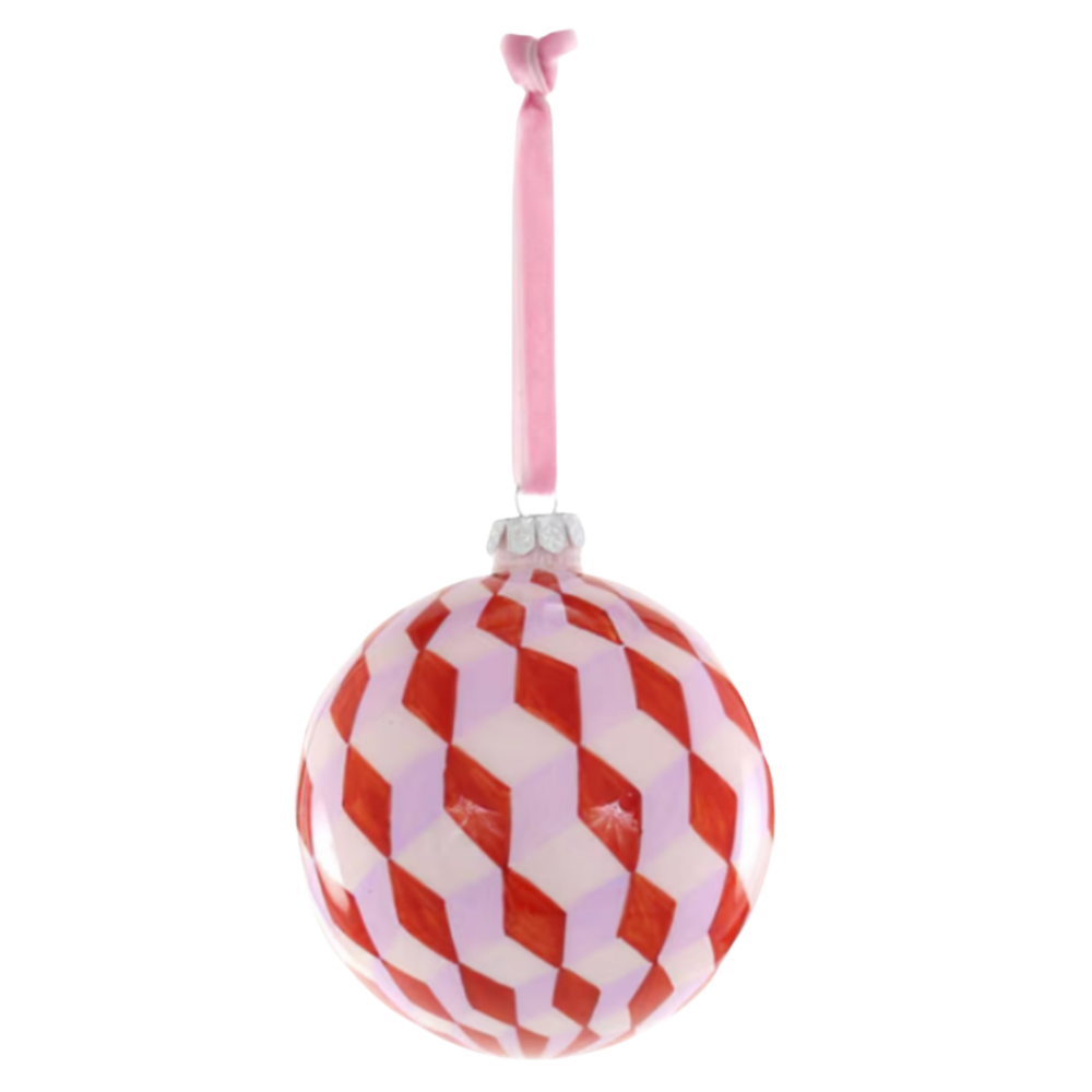 Geometric Ball Ornament in Pink & Red
