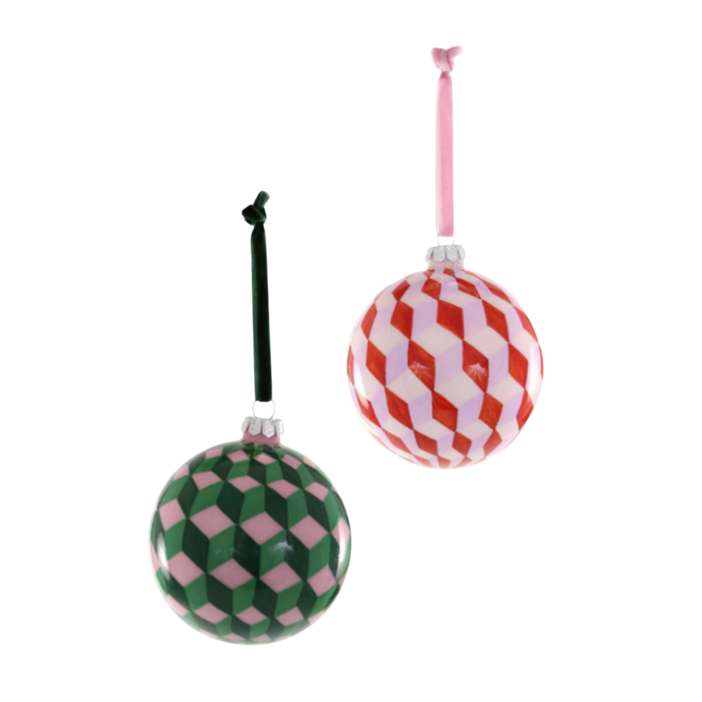 Geometric Ball Ornament in Pink & Red