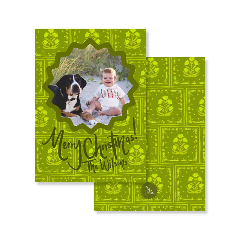 Holiday Block Print Christmas Card in Greens
