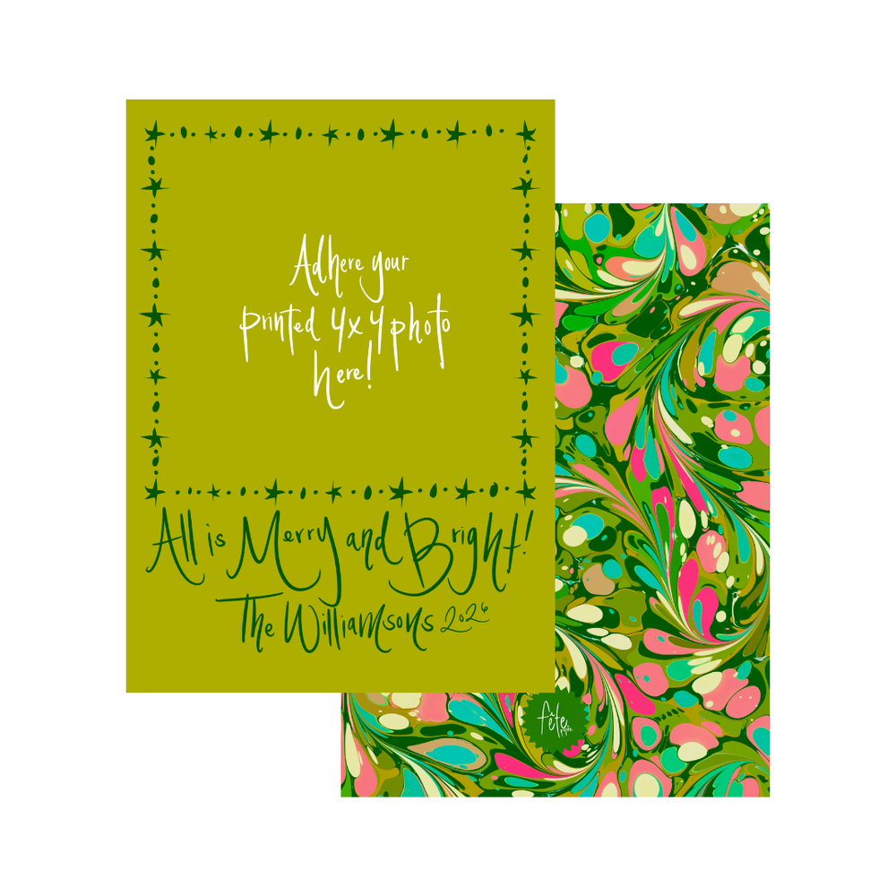 Dotty Star Evergreen Swirl Marbled Christmas Card in Chartreuse with Photo Mount