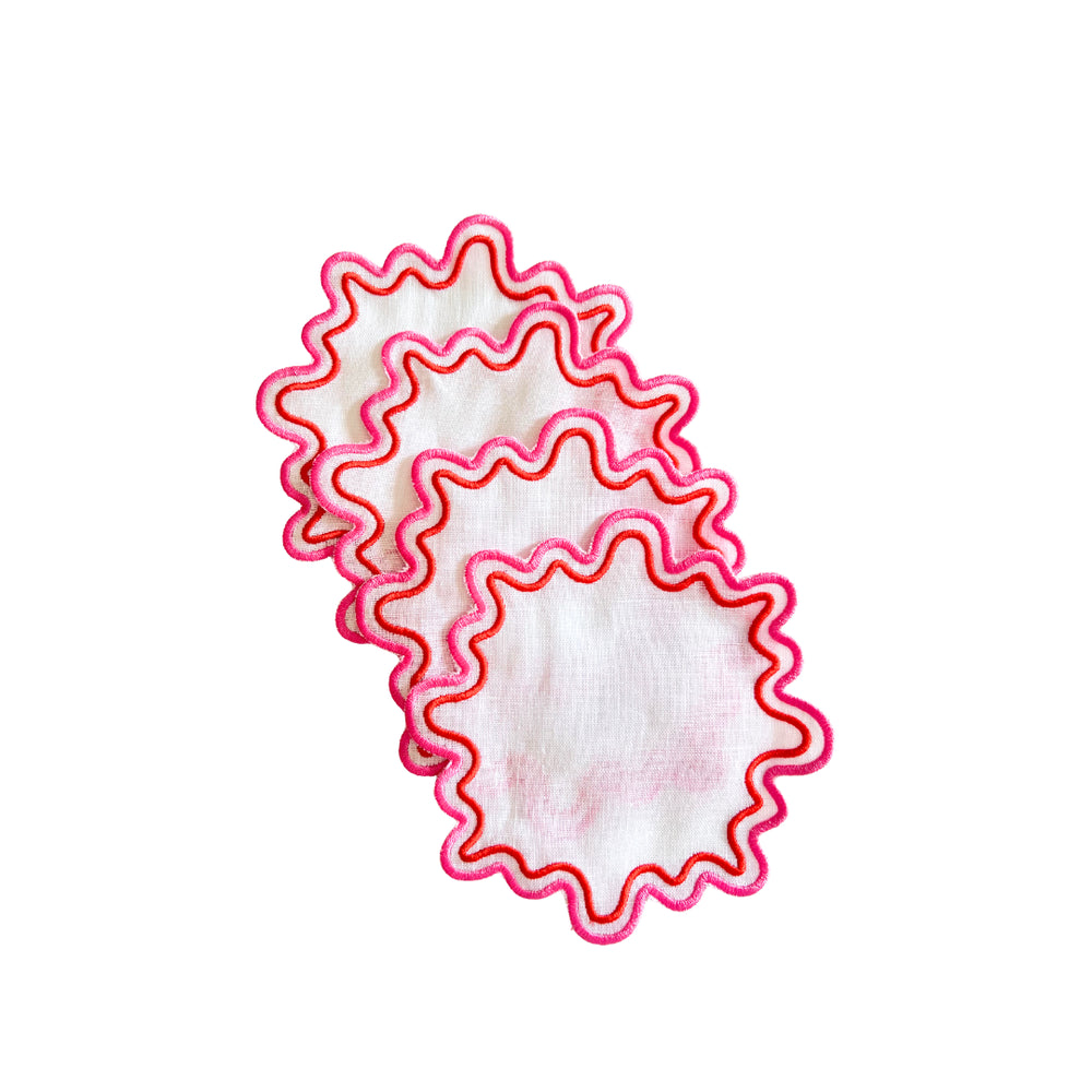 Waved Linen Cocktail Napkins in Pink & Red On White