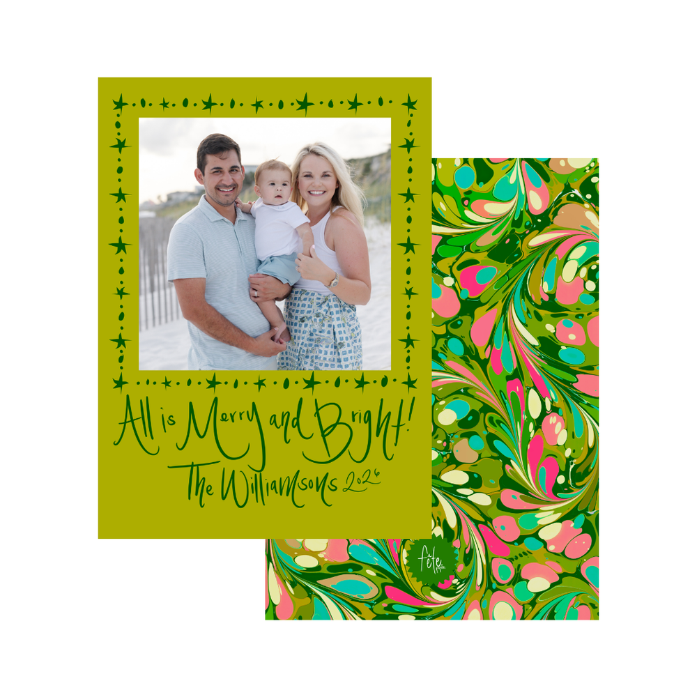 Dotty Star Evergreen Swirl Marbled Christmas Card in Chartreuse