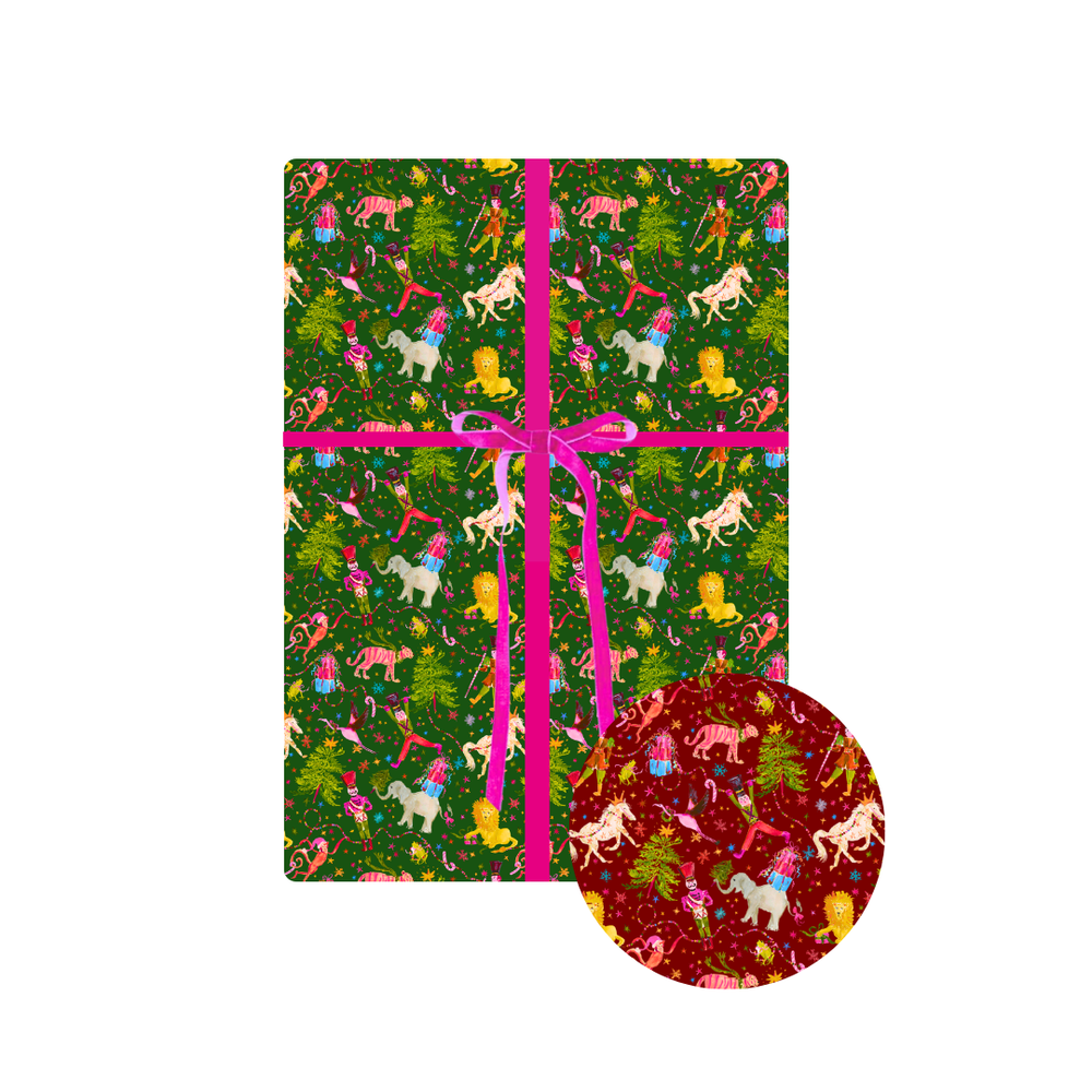 Jill Delavan for Fete Papier Holiday Parade Gift Wrapping in Evergreen & Wine