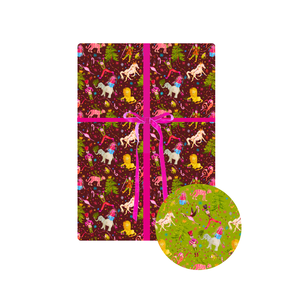 Jill Delavan for Fete Papier Holiday Parade Gift Wrapping in Merlot & Kiwi