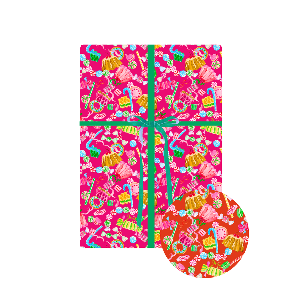 Jill Delavan for Fete Papier Holiday Sweets Gift Wrapping in Fuchsia & Pomegranate