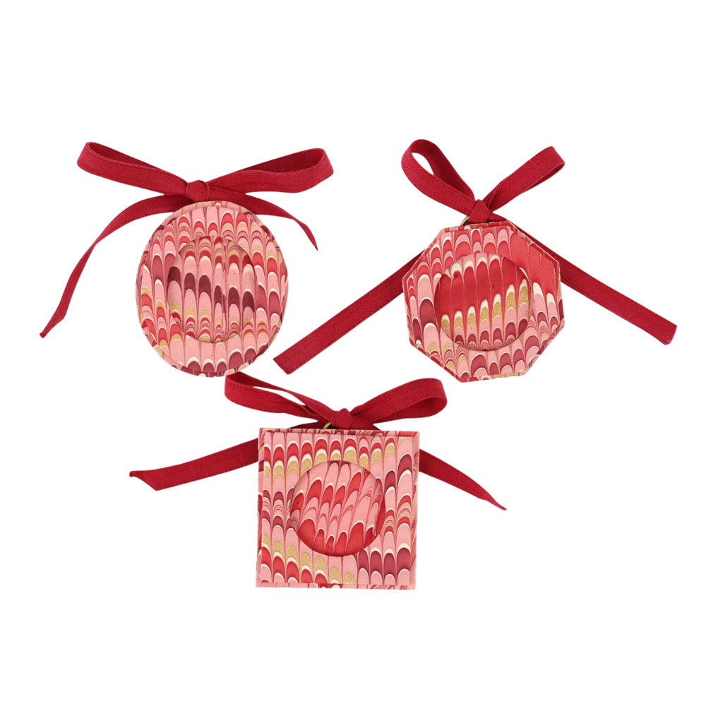 Set of 3 Holiday Marble Frame Ornaments in Reds