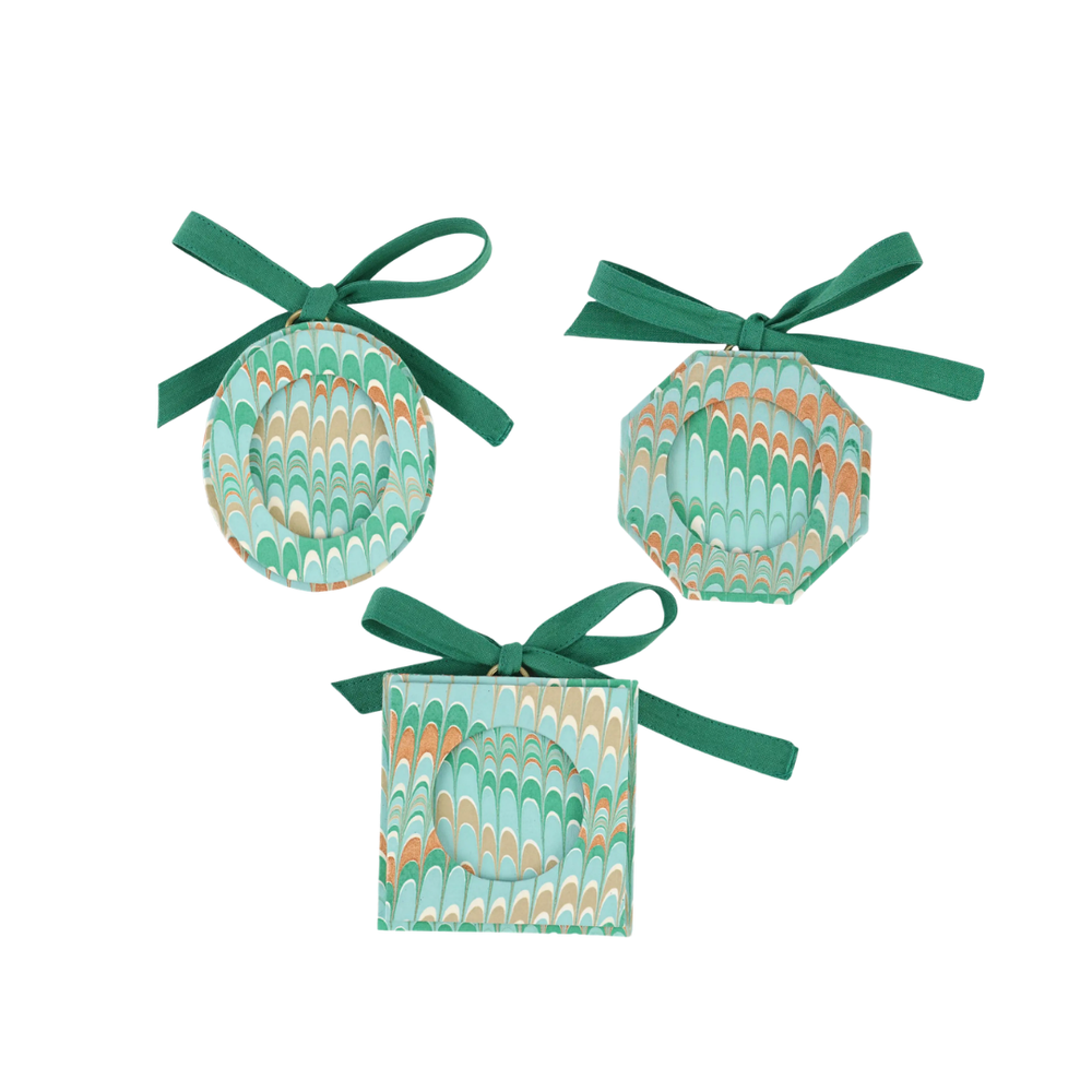 Set of 3 Holiday Marble Frame Ornaments in Blues