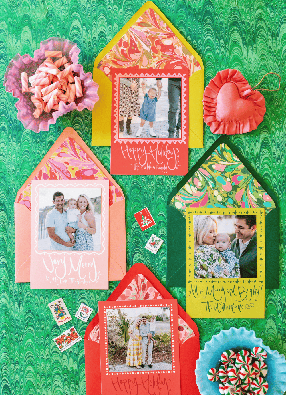 Dotty Star Evergreen Swirl Marbled Christmas Card in Chartreuse