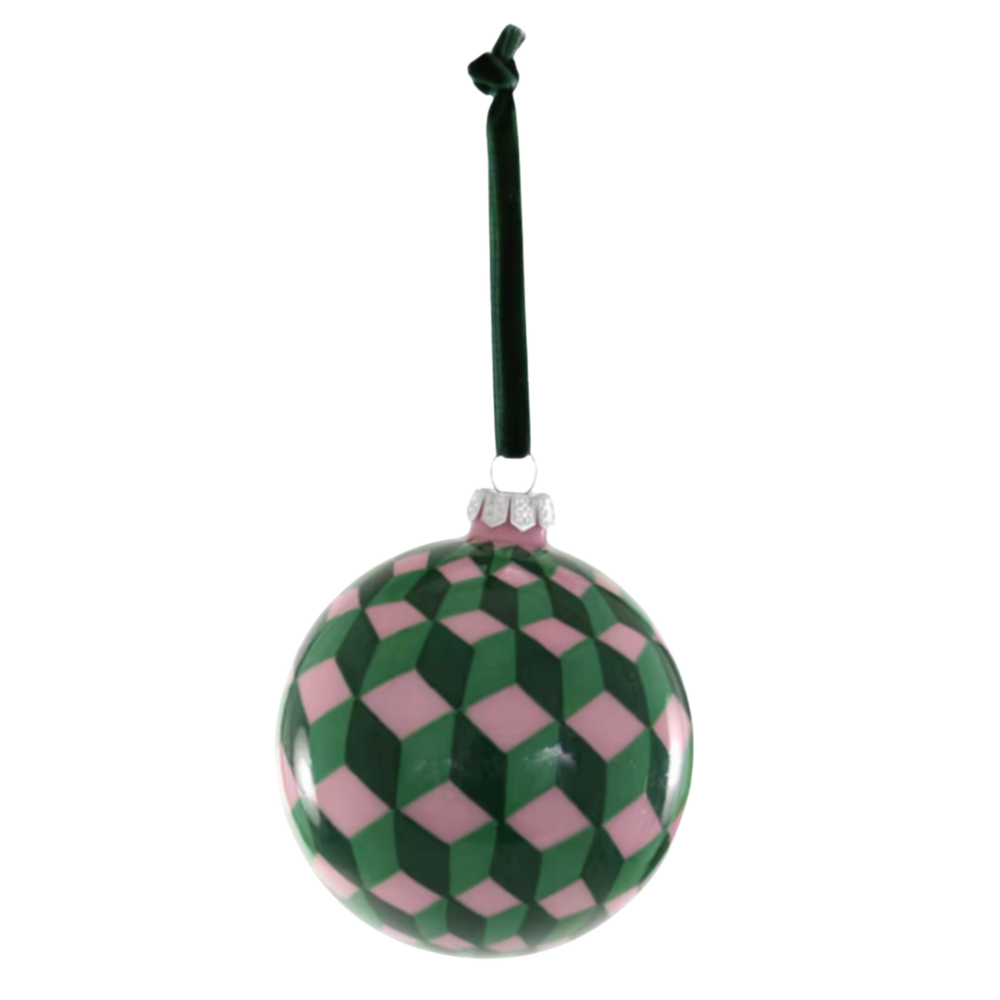 Geometric Ball Ornament in Pink & Green