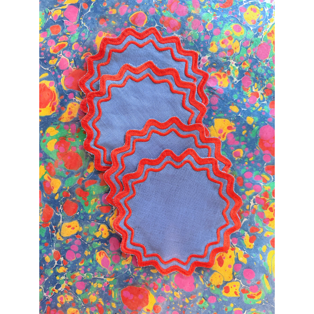 Waved Linen Cocktail Napkins in Blue & Red