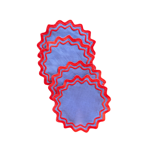Waved Linen Cocktail Napkins in Blue & Red