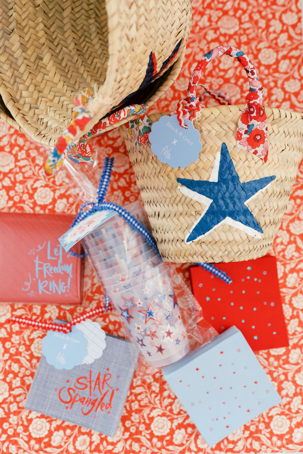 Breck & Grier for Fête Papier Straw Baskets Shadow Star Teal+White