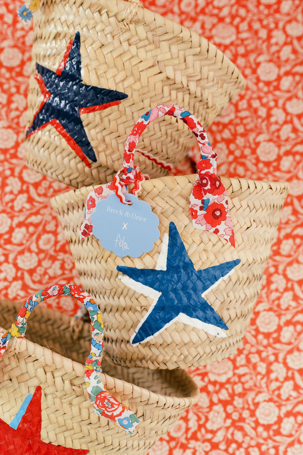 Breck & Grier for Fête Papier Straw Baskets Shadow Star Teal+White