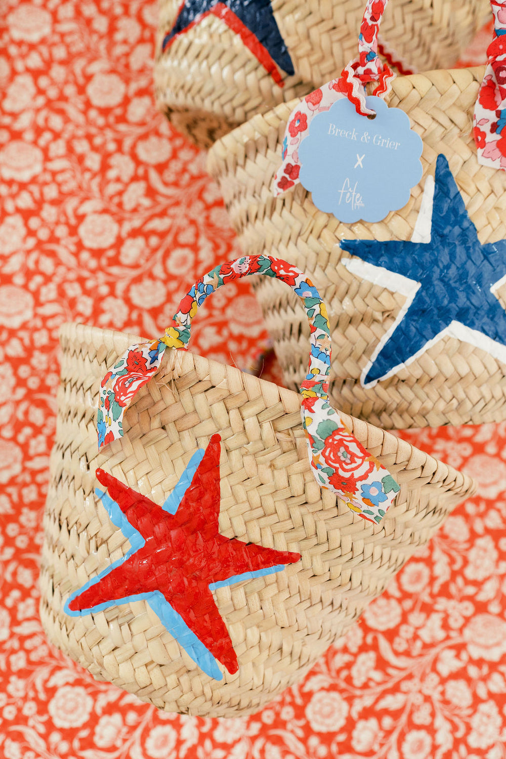 Breck & Grier for Fête Papier Straw Baskets Shadow Star Red+Blue