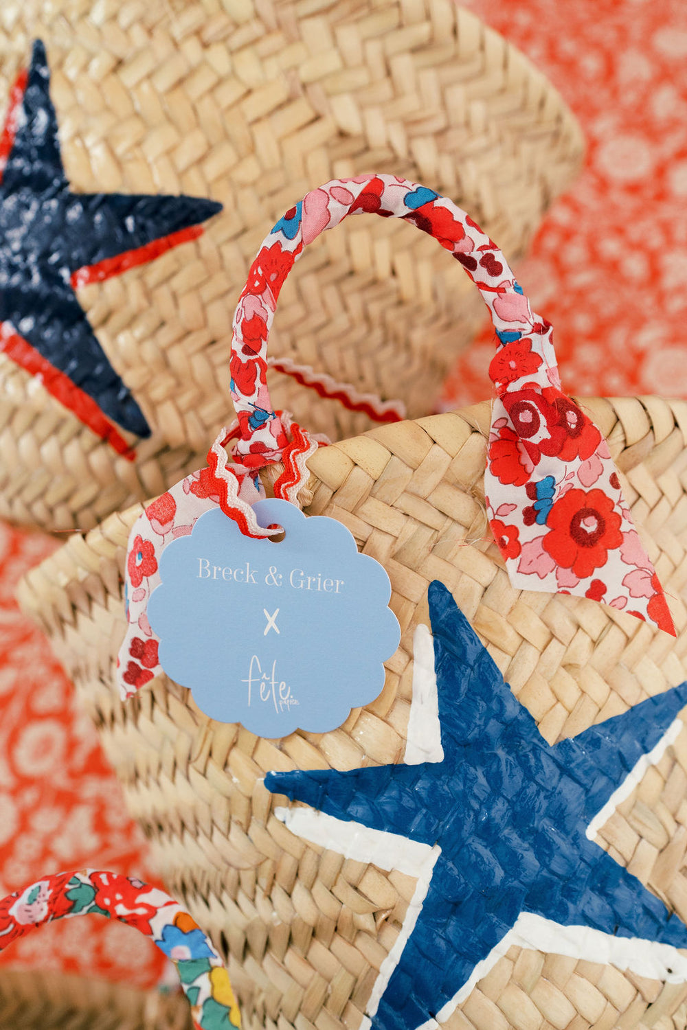 Breck & Grier for Fête Papier Straw Baskets Shadow Star Teal+White