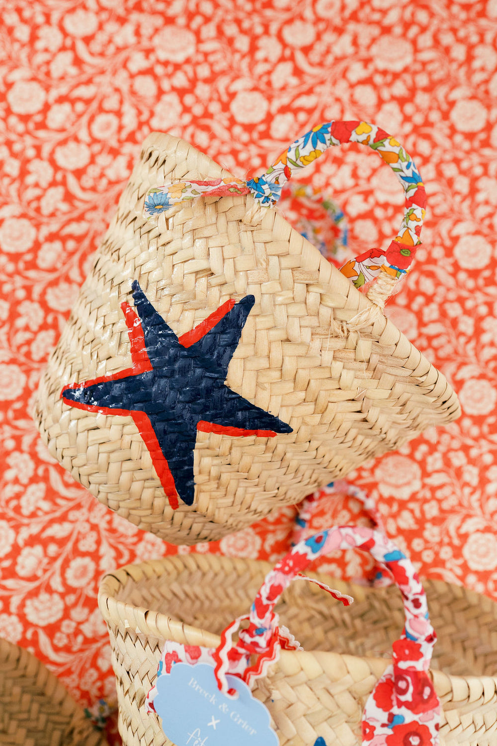Breck & Grier for Fête Papier Straw Baskets Shadow Star Navy+Red