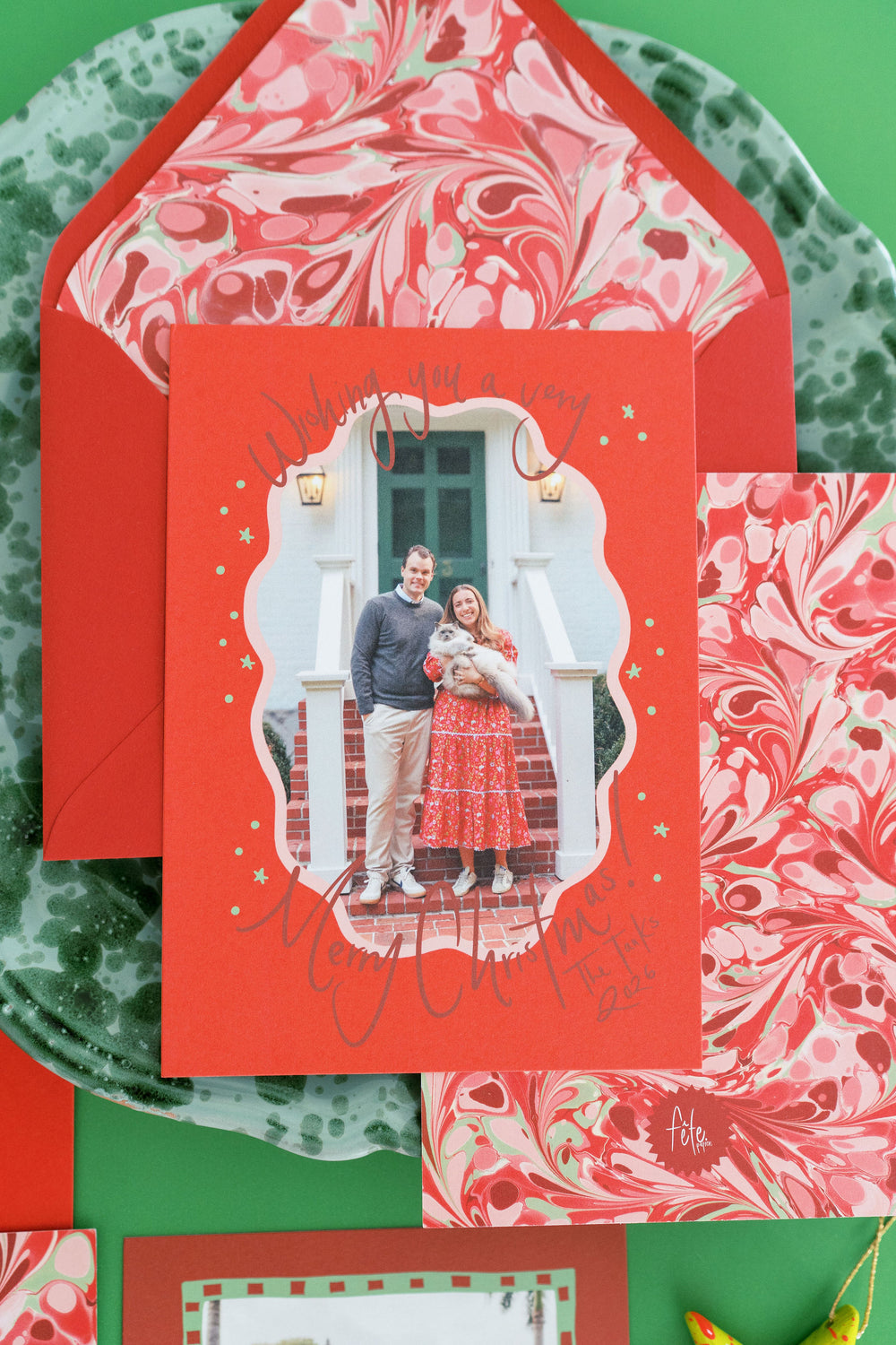 Peppermint Swirl Marbled Christmas Card in Poppy