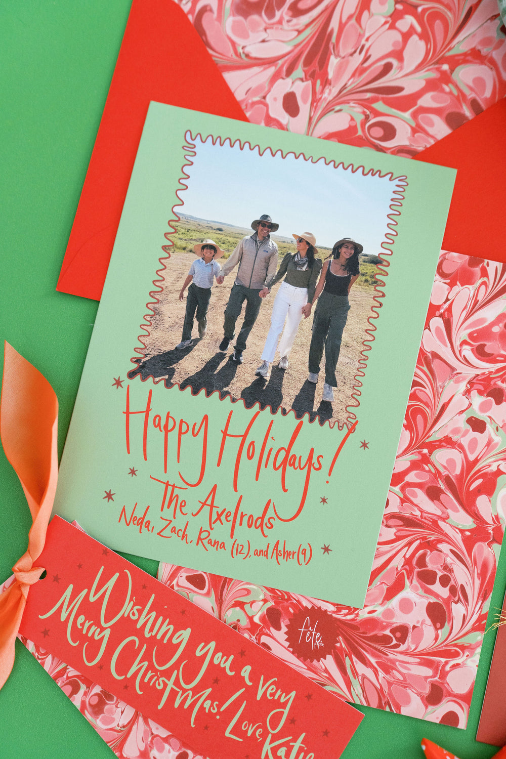 Peppermint Swirl Marbled Christmas Card in Green