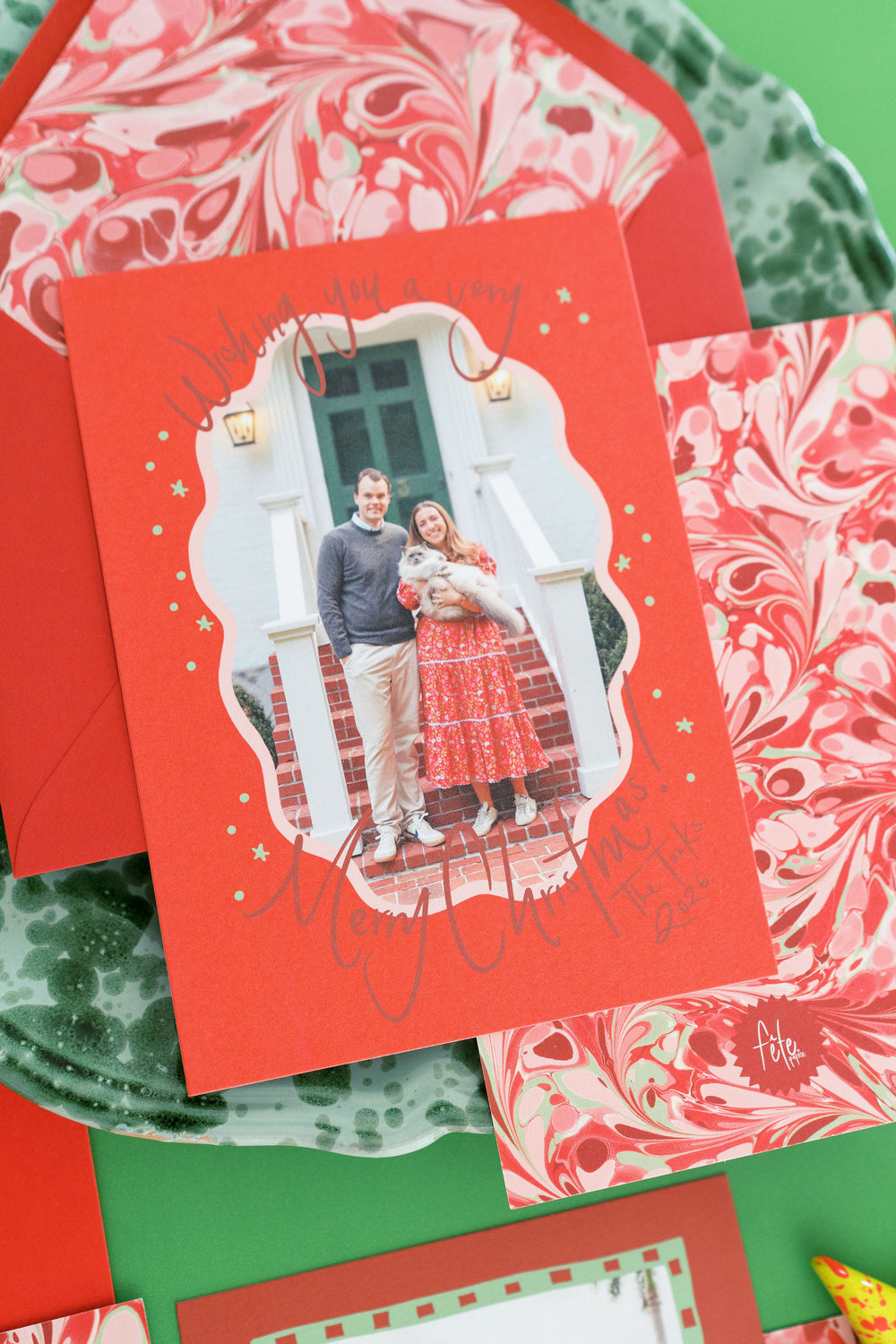Peppermint Swirl Marbled Christmas Card in Poppy