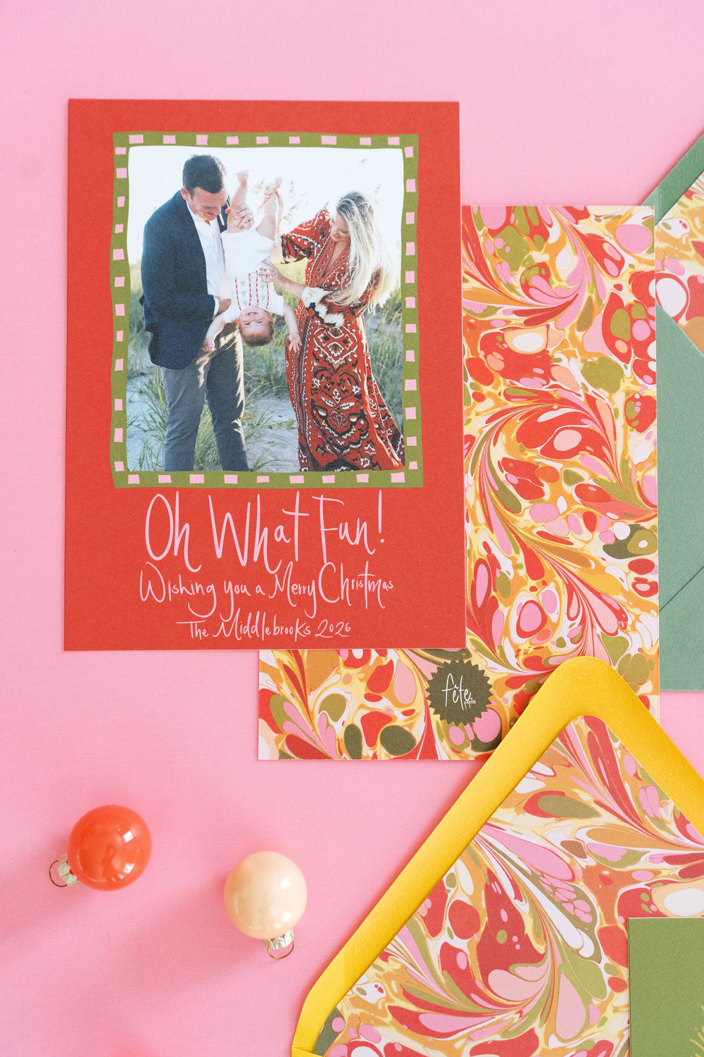 Golden Holiday Marbled Christmas Card in Crimson