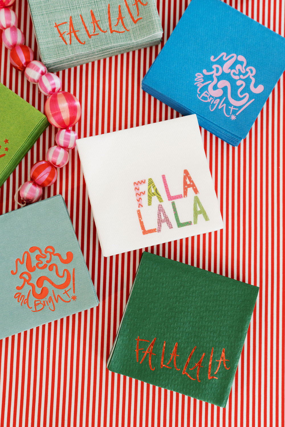 Fa la la la Basket Weave Napkins in Evergreen + Red