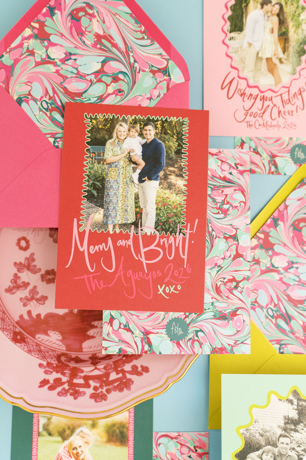 Holiday Breeze Marbled Christmas Card in Magenta