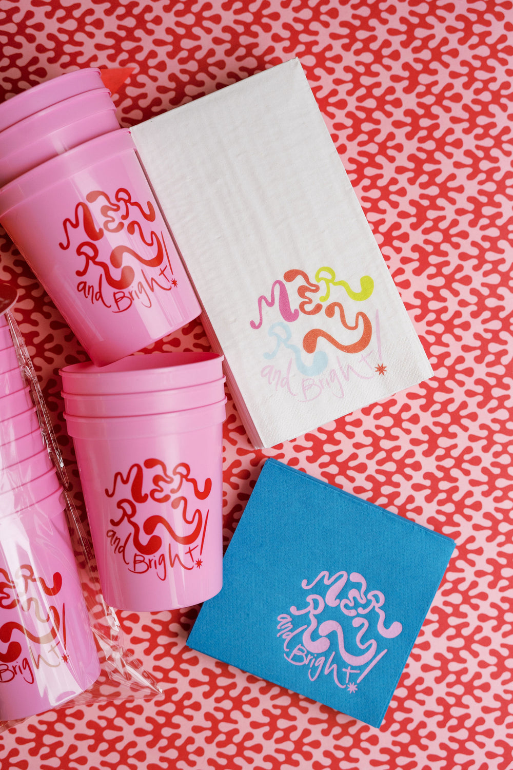 Groovy Merry & Bright Napkins in Teal + Pink