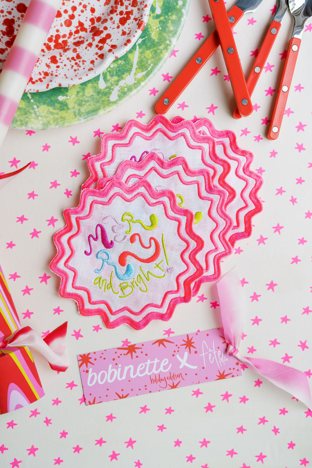 Bobinette x Fête Papier Retro Merry & Bright Embroidered Cocktail Napkins