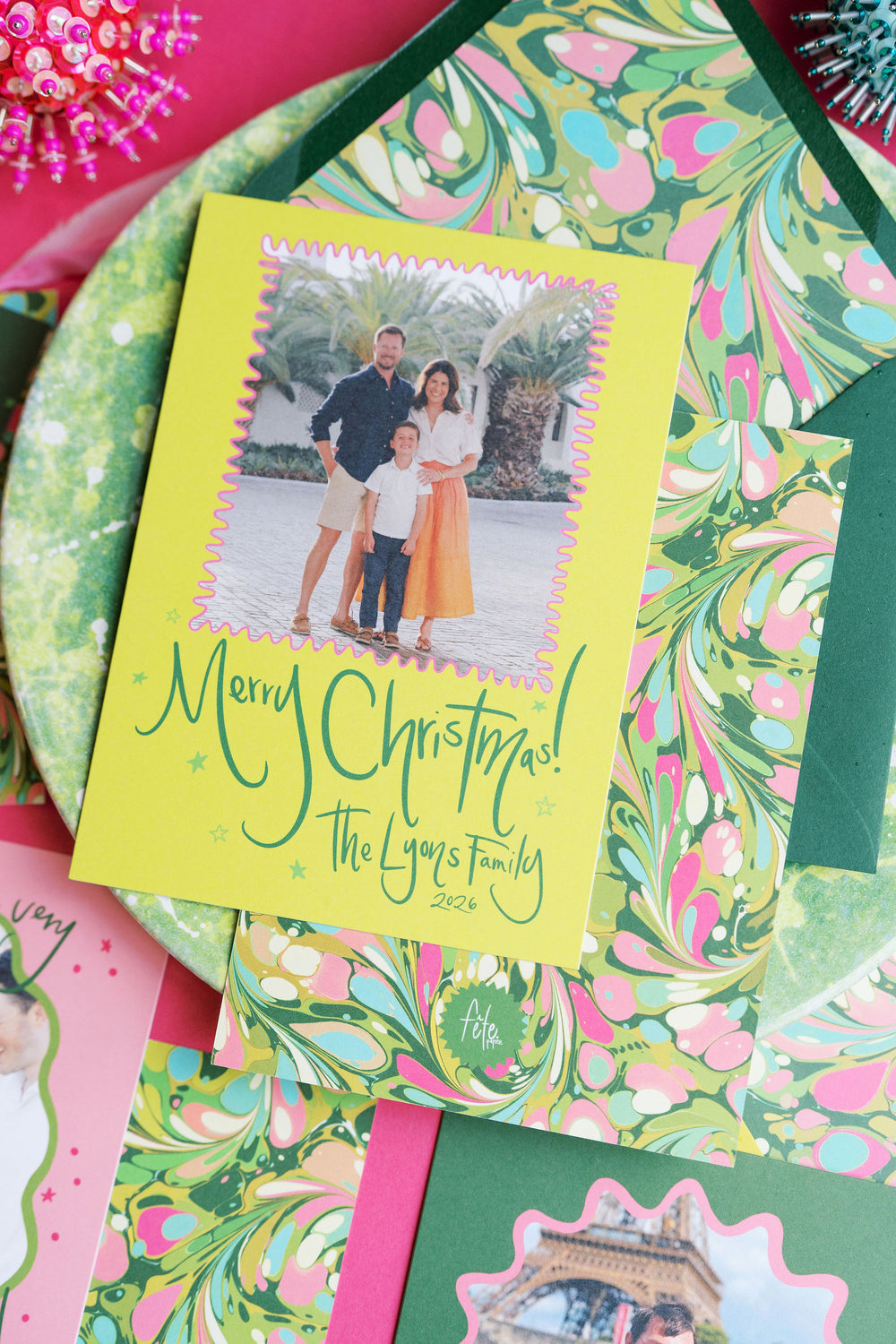 Evergreen Swirl Marbled Christmas Card in Lime