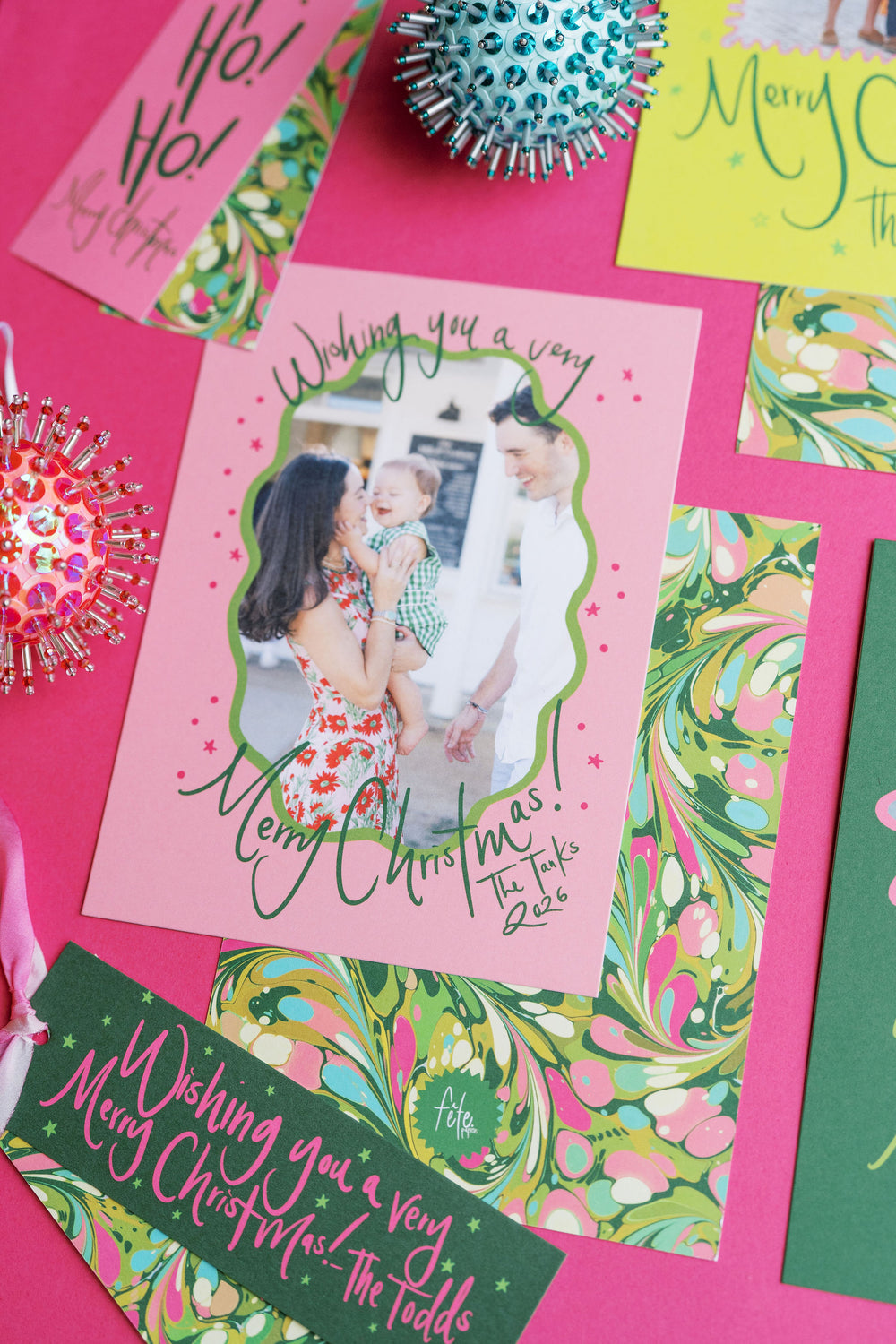 Evergreen Swirl Marbled Christmas Card in Pink