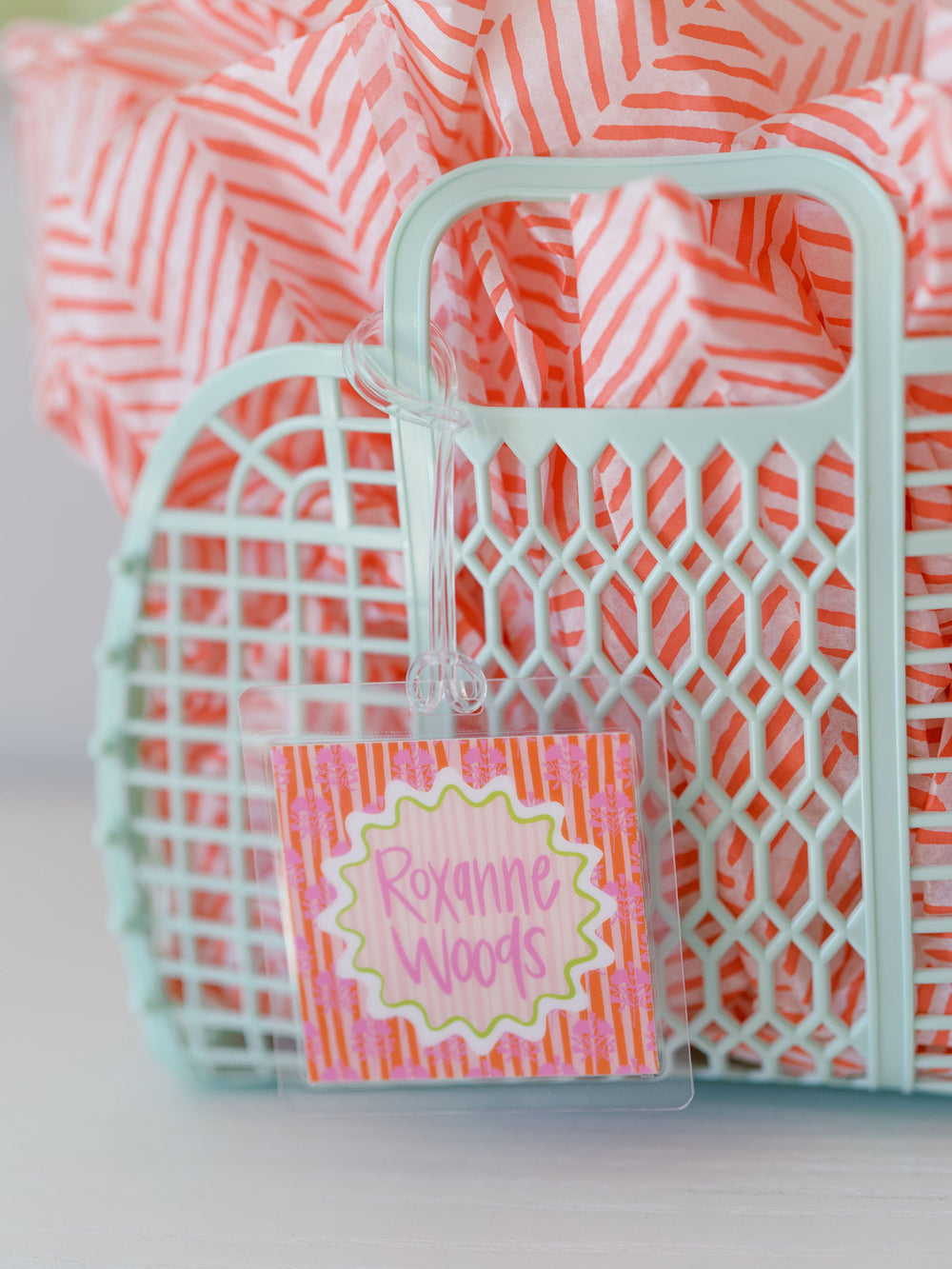 Block Print & Stripes Bag Tag in Peony