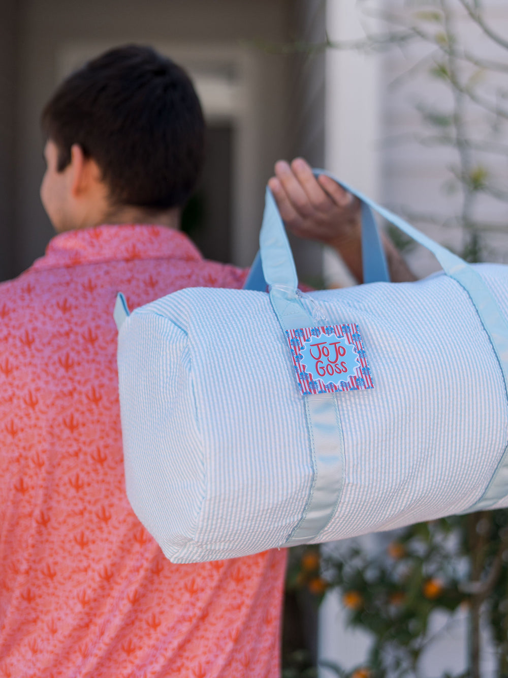 Block Print & Stripes Bag Tag in Blue & Red