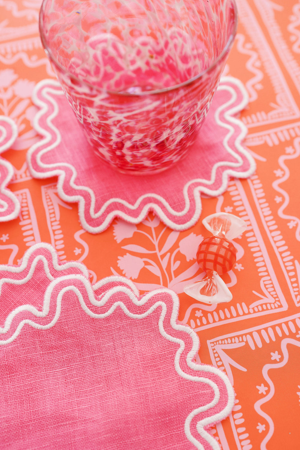 Waved Linen Cocktail Napkins in White on Pink