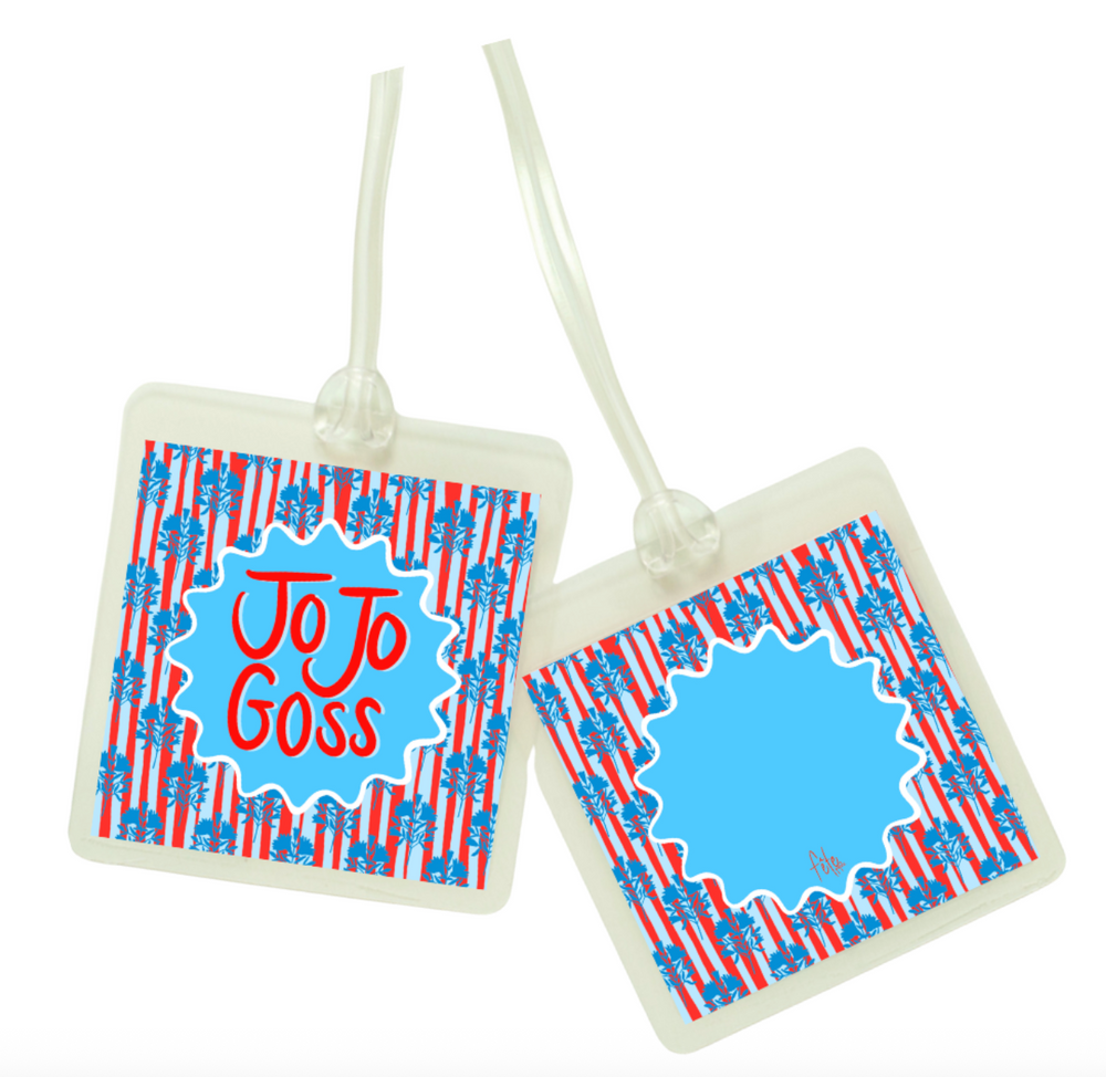 Block Print & Stripes Bag Tag in Blue & Red